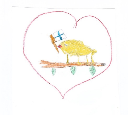 pakolaislapsen tekemä piirros, jossa sydämen sisällä oksalla oleva lintu pitelee nokassaan Suomen lippua.