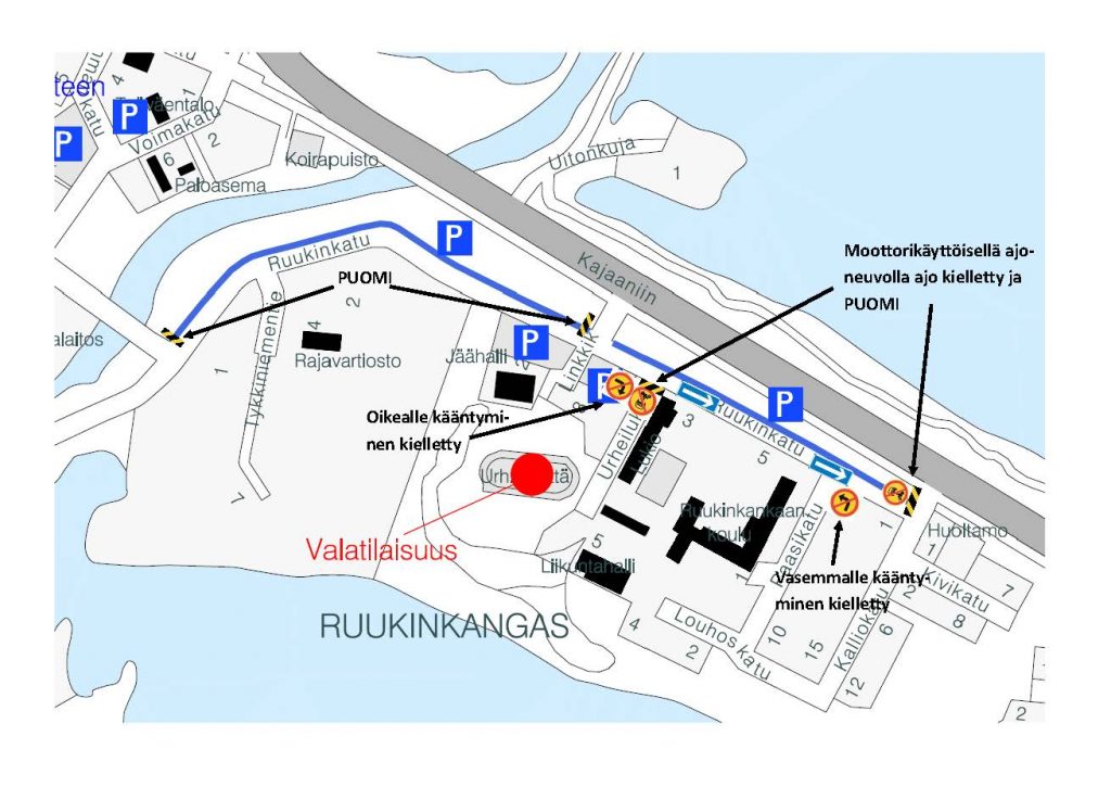 Liikennejärjestelyjen kartta Suomusslmen Ruukinkankaalla valapäivänä 7.2.2020.