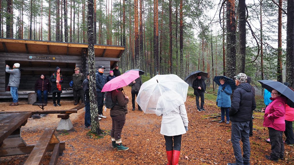 Sadesäällä mäntymetsässä laavu, puolentusinaa ihmistä seisoo sateenvarjojen alla ringissä, osa seisoo lähellä laavua.
