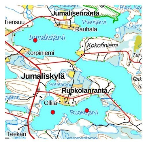 Karttakuva, alempana Ruokojärven kohdalla on kaksi punaista palloa ja ylempänä Jumalisjärvellä yksi.