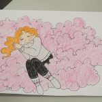 Piirros, jossa tyttö nukkuu vaaleanpunaisen pilven päällä.